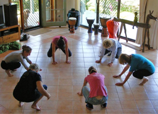 Jo Ross (at left) teaching body awareness in our home