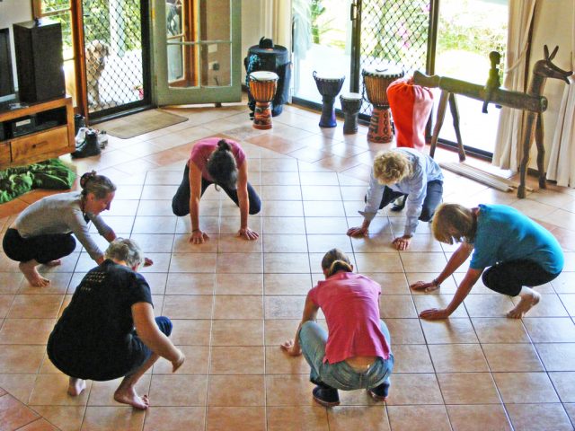 Some of the students doing body awareness exercises during the first workshop